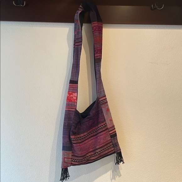 Handbags - Bohemian Multicolor Crossbody Shoulder Bag, Wide Strap, Fringe, Zip Closure